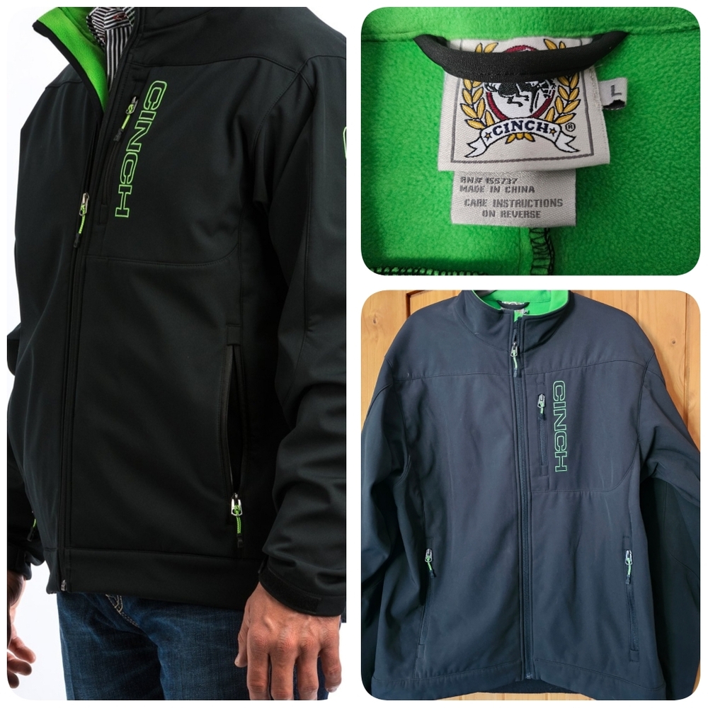 Cinch Men's Jacket Zip Black/ Lime Green/ 3 Pockets, Waist Cinch, Velcro Wrist.